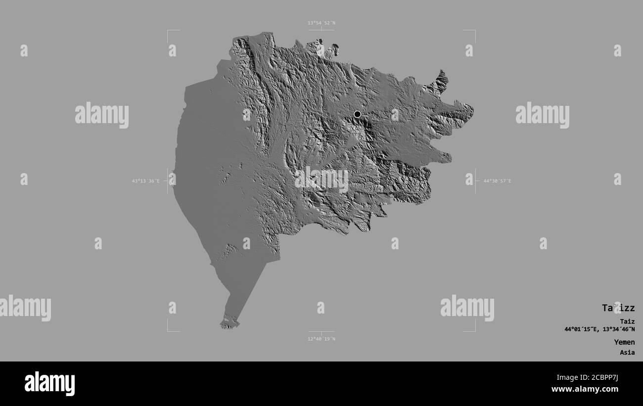 Gebiet von Ta`izz, Gouvernement des Jemen, isoliert auf einem soliden Hintergrund in einem georeferenzierten Begrenzungsrahmen. Beschriftungen. Höhenkarte mit zwei Ebenen. 3D-Rendering Stockfoto